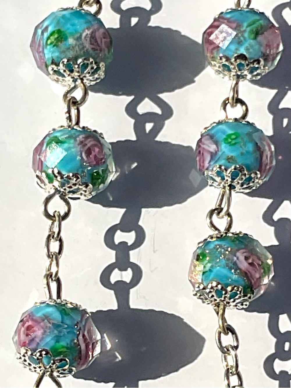 Turquoise Encased Lampwork Crystal Floral Rosary with Bright Pink Roses Inside - Picture 5 of 12